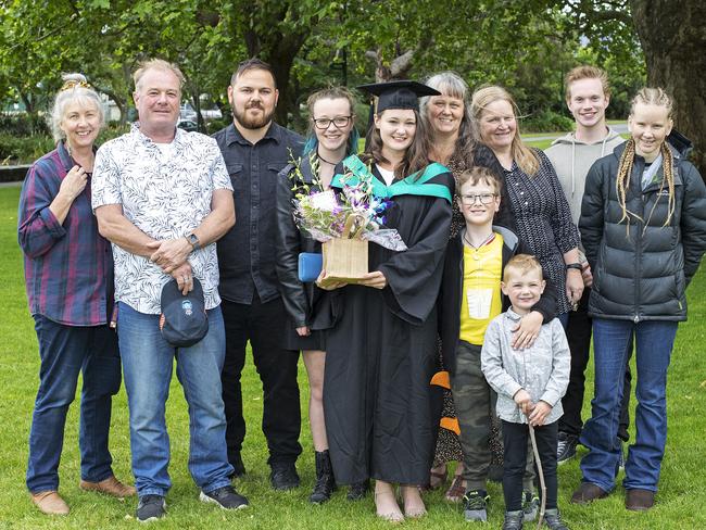 Noela Leonard, Wayne Hearps, Josh O'Byrne, Maddi Hearps, Lisa Monson, Daralee Donald, Luke Hearps 10, Hamish Monson 4, Julianne McKay, Caleb Cornwall and Amber Creely at the UTAS Graduation at Launceston. PICTURE CHRIS KIDD