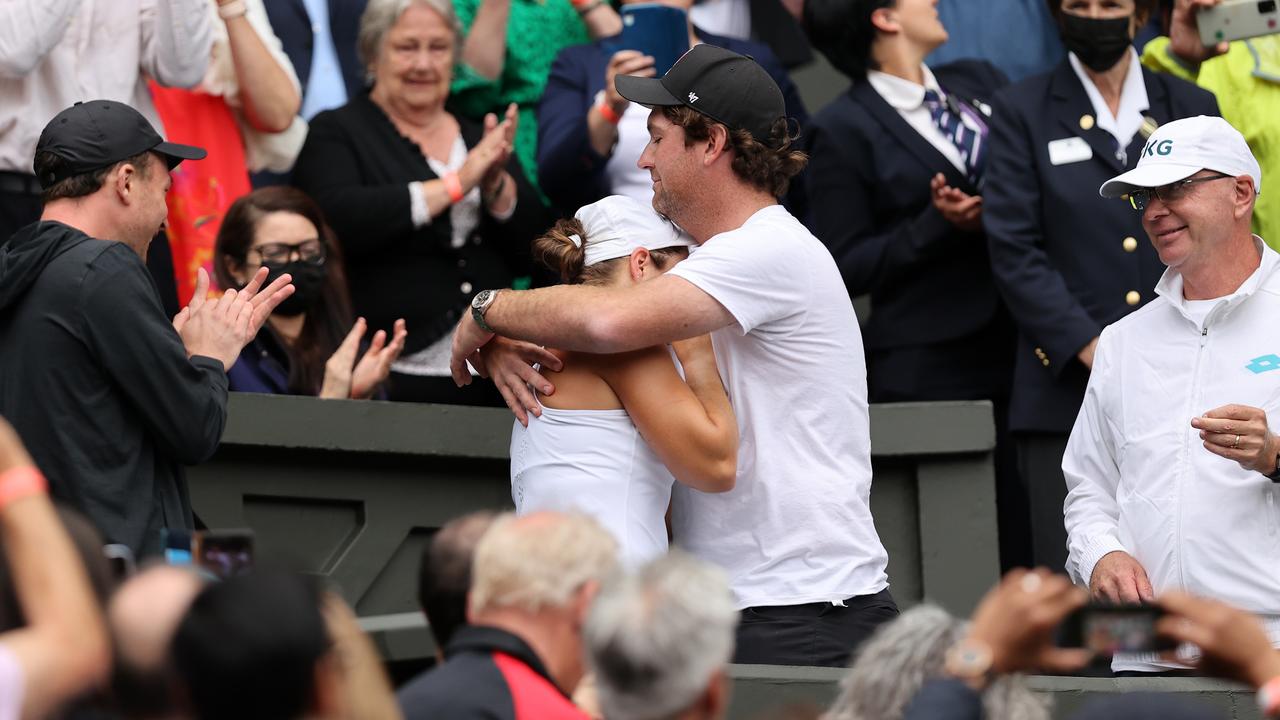 Ash Barty celebrates with boyfriend Garry Kissick after winning her Ladies' Singles Final match against Karolina Pliskova at Wimbledon. (Photo by Clive Brunskill/Getty Images)
