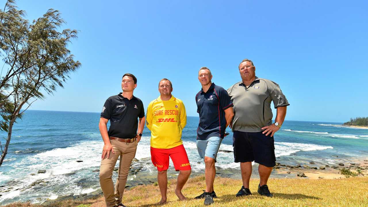 RECOGNISED: (L-R) Jacob Thomson, Nathan Steer, Graham Sharry and Dave McLean are being recognised with rescue of the month awards for their rescue of a kayaker who was attacked by a 4m tiger shark while fishing off Moffat Headland. Picture: John McCutcheon