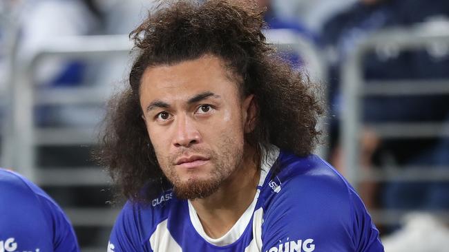 SYDNEY, AUSTRALIA - MAY 12:  Josh Reynolds and Raymond Faitala-Mariner of the Bulldogs look on from the bench during the round 11 NRL match between Canterbury Bulldogs and New Zealand Warriors at Accor Stadium on May 12, 2023 in Sydney, Australia. (Photo by Brendon Thorne/Getty Images)