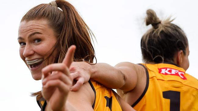 Hawthorn star Aileen Gilroy has drawn attention for her chaotic approach to warm-ups and goal celebrations this season. Picture: Dylan Burns / Getty Images