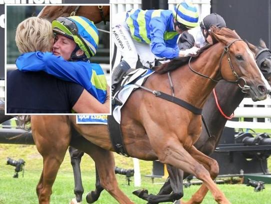 Jamie Kah wins the CF Orr Stakes and (inset) hugs Janice McKenna. Picture: Racing Photos/Getty Images