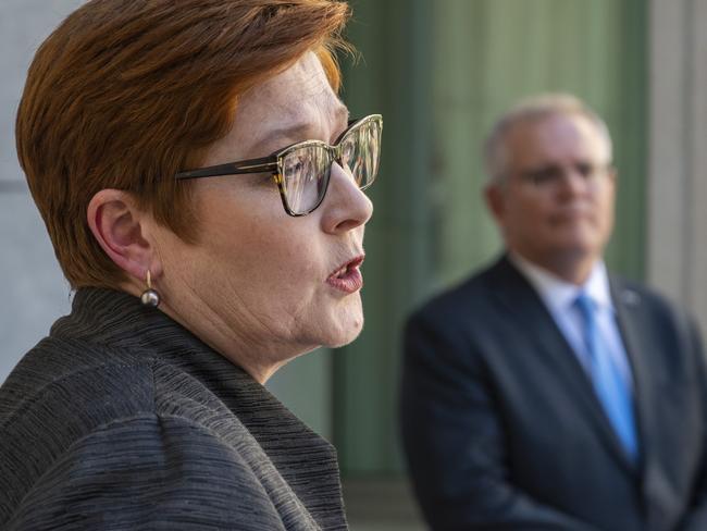 CANBERRA, AUSTRALIA - NewsWire Photos MARCH 29, 2021: Prime Minister Scott Morrison and Minister for Foreign Affairs , Marise Ann Payne hold a press conference at Parliament House, Canberra. Picture: NCA NewsWire / Martin Ollman