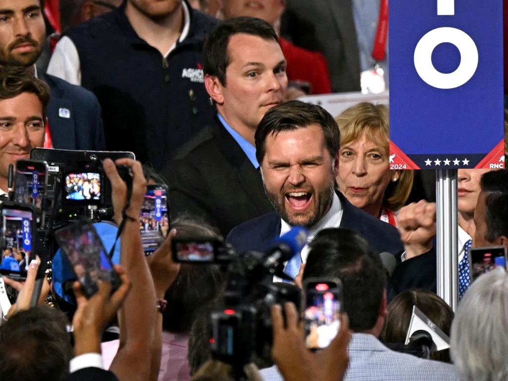 JD Vance reacts as he enters the first day of the 2024 Republican National Convention at the Fiserv Forum in Milwaukee, Wisconsin. Picture: AFP