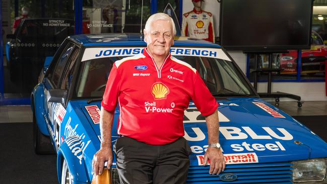 Dick Johnson Racing Supercars. ** EMBARGO FOR FRIDAYS PAPERS 6/11 ** Shell V-Power Racing Team announce 2021 driver line up – Anton De Pasquale and Will Davison. Dick Johnson with the rock that took him out in 1980 and the Ford Falcon that won the championship the following year. Picture: NIGEL HALLETT