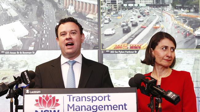 Minister for Western Sydney and WestConnex Stuart Ayres with the Premier during this morning’s announcement, Picture: AAP