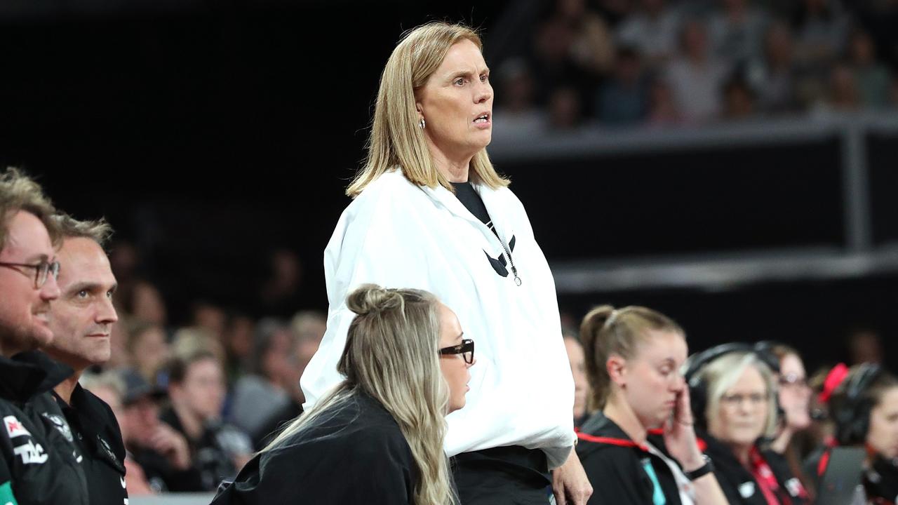 Nicole Richardson, Coach of the Magpies reacts during the round two Super Netball match between Collingwood Magpies and Melbourne Vixens at John Cain Arena, on March 26, 2023, in Melbourne, Australia. (Photo by Kelly Defina/Getty Images)