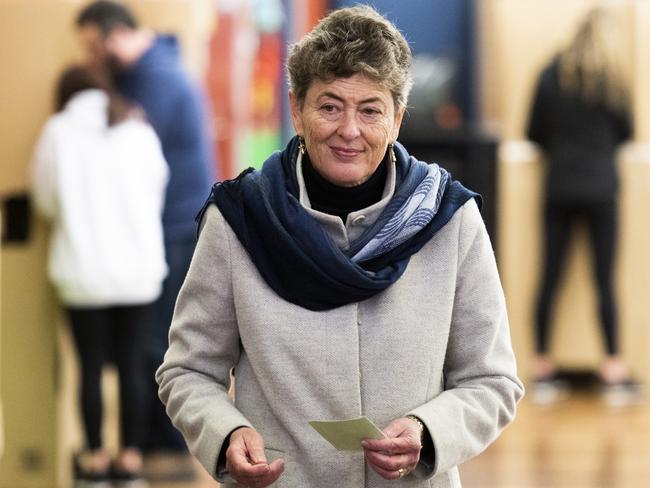 Liberal candidate Fiona Kotvojs votes at Jerrabomberra Public School on Saturday. Picture: Getty Images