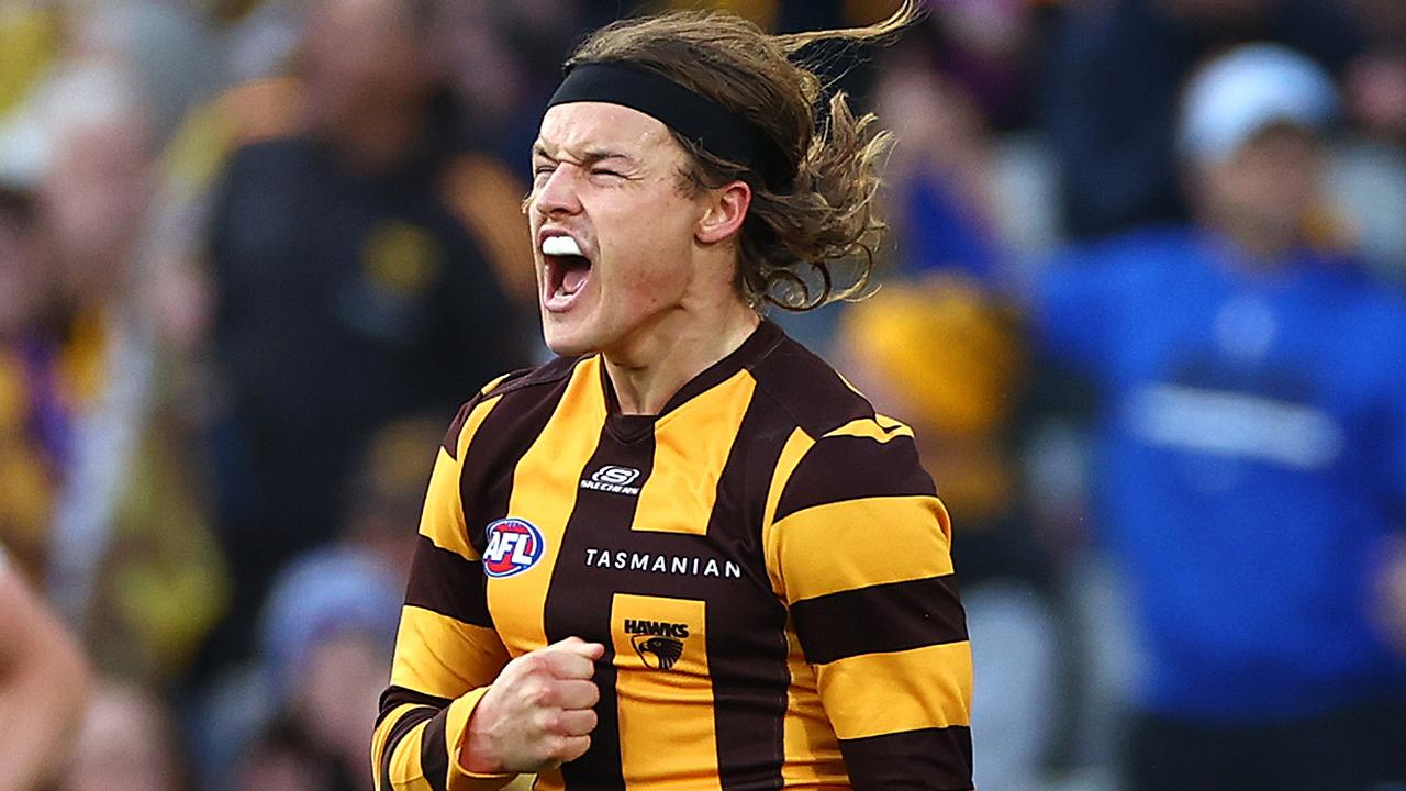 MELBOURNE, AUSTRALIA - JUNE 01: Jack Ginnivan of the Hawks celebrates kicking a goal during the round 12 AFL match between Hawthorn Hawks and Adelaide Crows at Melbourne Cricket Ground, on June 01, 2024, in Melbourne, Australia. (Photo by Quinn Rooney/Getty Images)