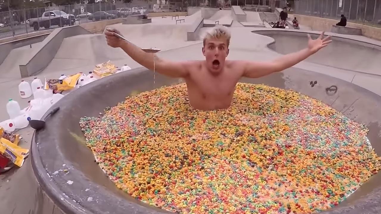 Jake Paul takes a cereal bath.