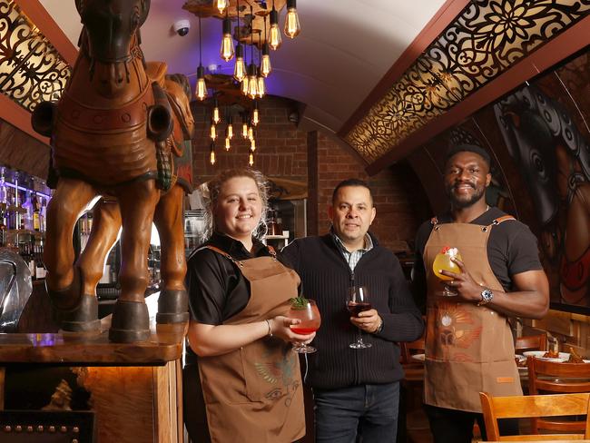 Allira Lynd Williams staff member, owner Atef Seefen  and Fabrice Bisimwa staff member.  The Wooden Horse Cafe+Bar+Pizza is set to open in Hobart.  Picture: Nikki Davis-Jones