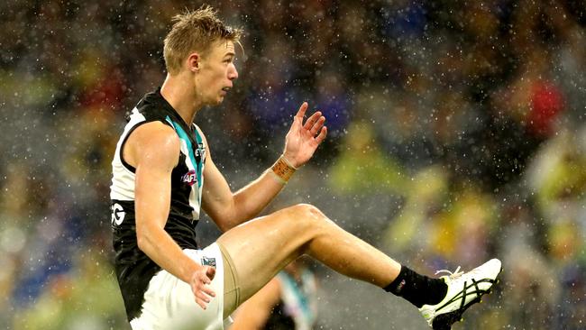 Todd Marshall has a kick for goal during his breakout performance against West Coast at Optus Stadium on Friday. Picture: AAP Image/Richard Wainwright