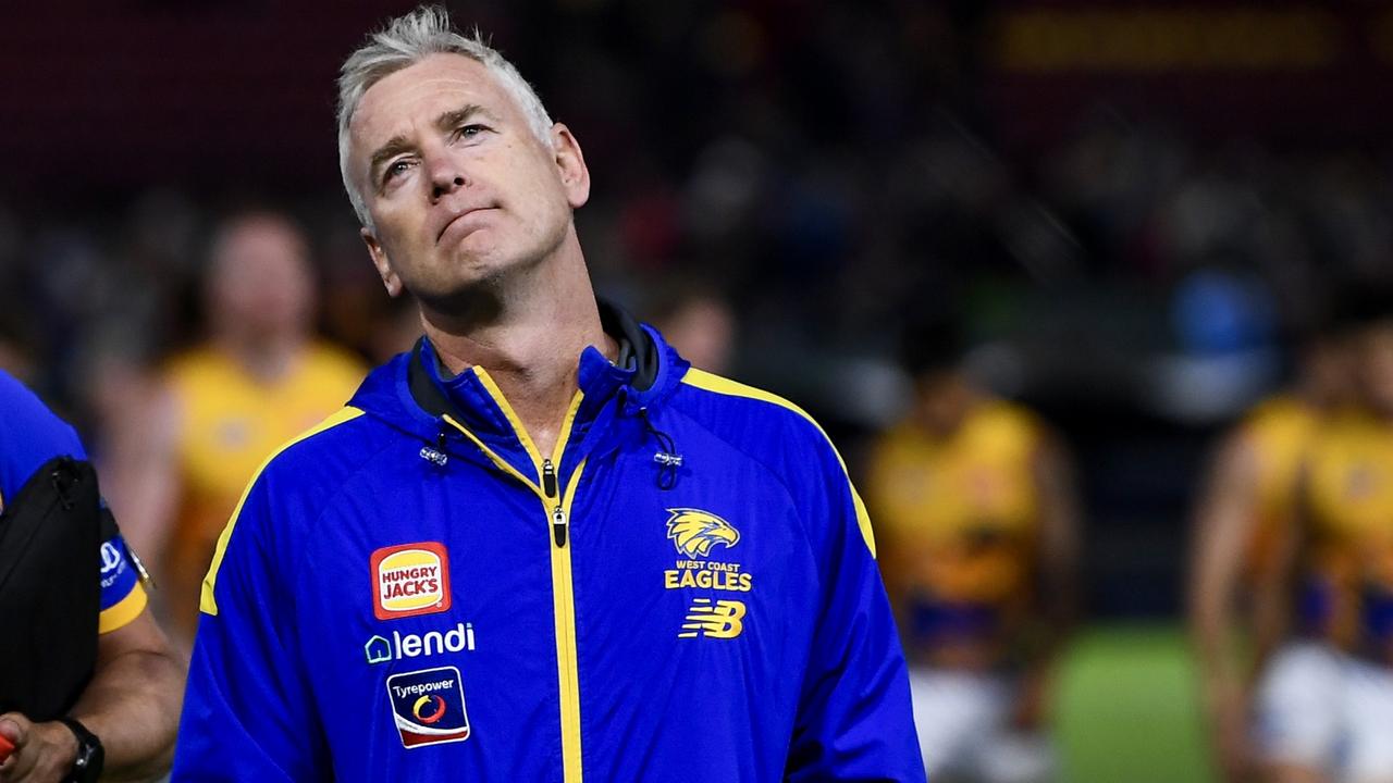 ADELAIDE, AUSTRALIA – MAY 26: Adam Simpson, Senior Coach of the Eagles reacts to the loss as he leaves the ground during the round 11 AFL match between Kuwarna (the Adelaide Crows) and Waalitj Marawar (the West Coast Eagles) at Adelaide Oval, on May 26, 2024, in Adelaide, Australia. (Photo by Mark Brake/Getty Images)