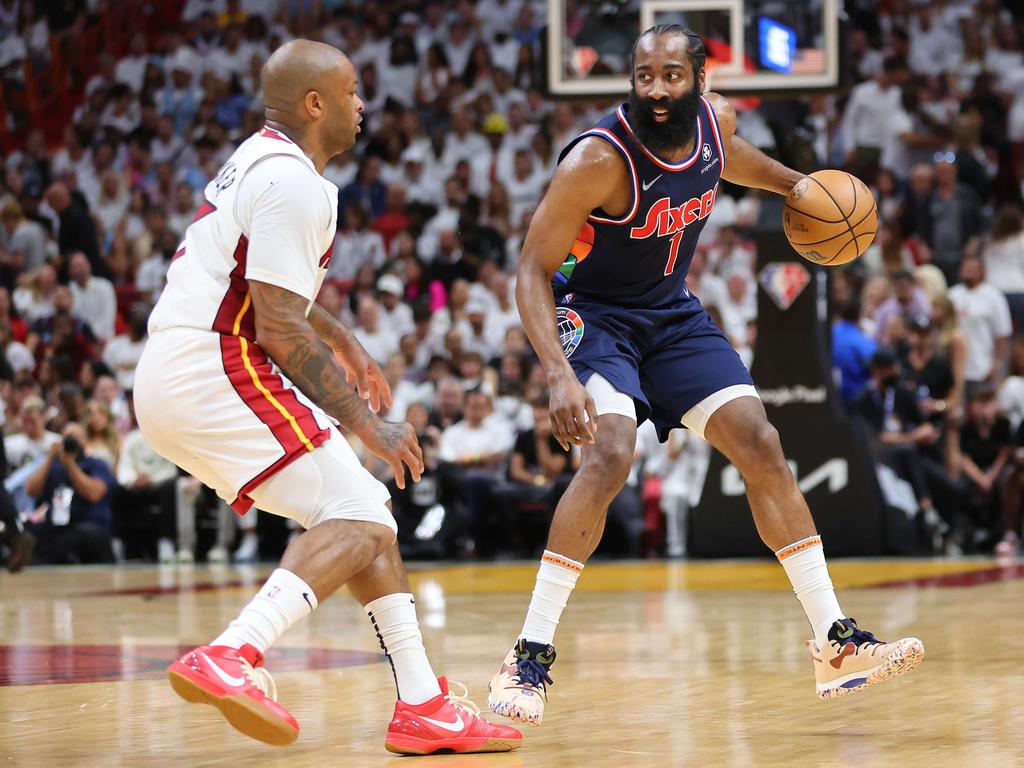 Harden struggled to have a consistent impact agains Miami. Picture: Michael Reaves/Getty Images/AFP