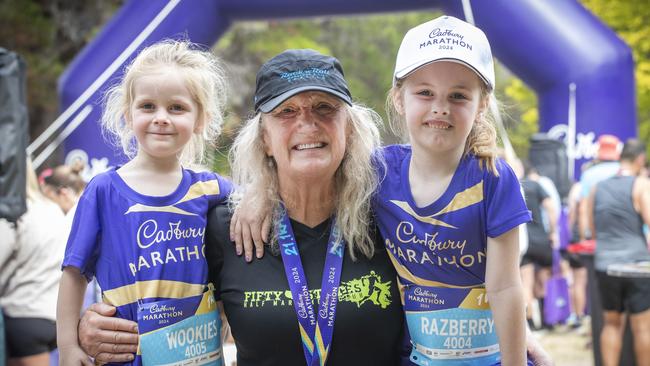 Cadbury Marathon, Christie Beetz with her grandchildren Brooklyn 3 and Ava 5. Picture: Chris Kidd