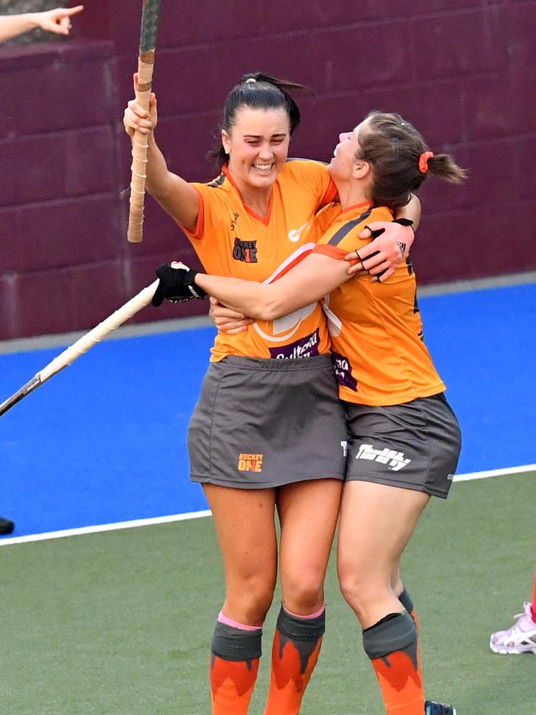 Kendra Fitzpatrick celebrates her first goal for the Brisbane Blaze