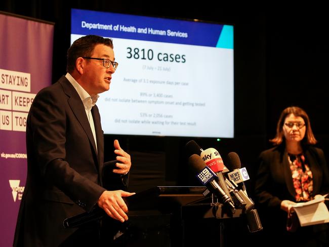 LOCKDOWNS: Victorian Premier Daniel Andrews, flanked by Health Minister Jenny Mikakos, announces coronavirus numbers yesterday. Picture: NCA NewsWire/Ian Currie