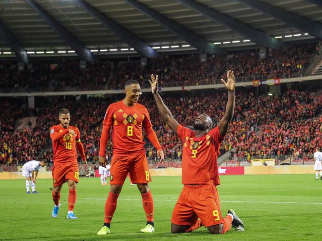 Belgium's Romelu Lukaku celebrates after scoring a goal during the Euro 2020 qualifier group I football game between Belgium and San Marino on October 10, 2019 in Brussels. (Photo by BRUNO FAHY / BELGA / AFP) / Belgium OUT