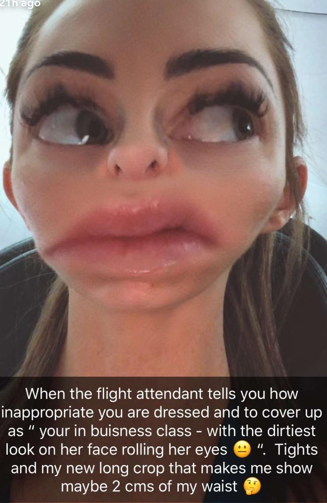 Ashy Bines has unleased on Snapchat after a Jetstar flight attendant pulled her up for being "inappropriately dressed". Photo Snapchat