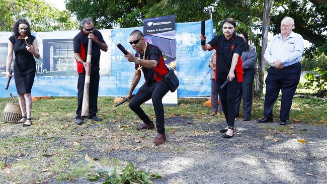 Minjil Group's Maria Morrison, Shaun Creek, Carl Marun and Iesha Bong perform a welcome ceremony to initiate the precinct's indigenous name. Picture: Brendan Radke