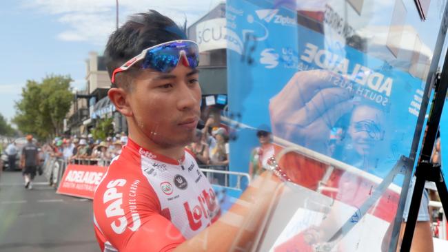 Caleb Ewan signs in ahead of Stage 1 of the Tour Down Under in Adelaide. Picture: AAP Image/Kelly Barnes