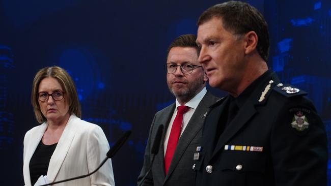 MELBOURNE AUSTRALIA - NewsWire Photos DECEMBER 9, 2024:Chief Commissioner Shane Patton, alongside Police Minister Anthony Carbines and Victorian Premier Jacinta Allan, give a press conference on last weekÃ¢â¬â¢s fire at a Ripponlea synagogue.Picture: NewsWire / Luis Enrique Ascui