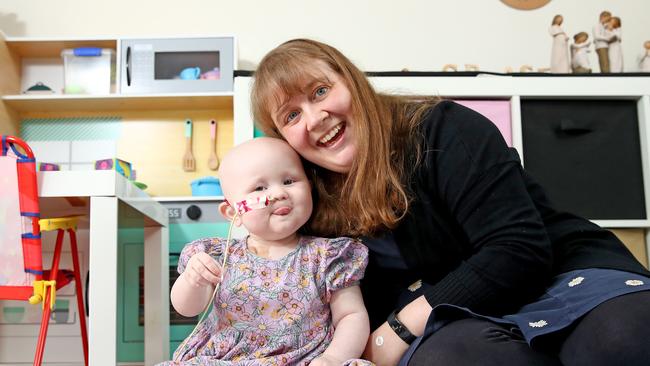 Grace Bridges 2 at home with mum Emma Bane after her latest round of chemotherapy. Picture: Toby Zerna