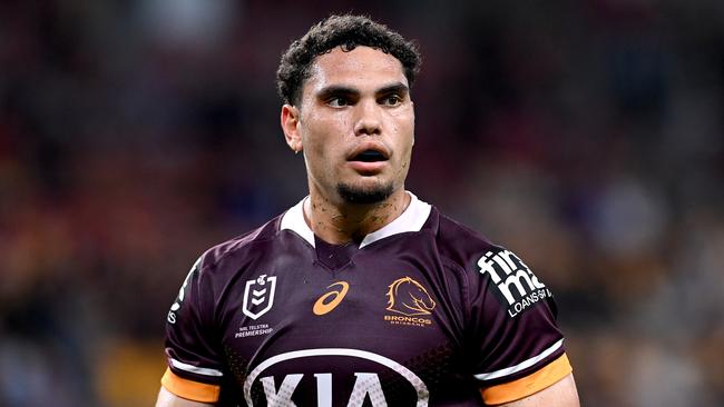 BRISBANE, AUSTRALIA - APRIL 30: Xavier Coates of the Broncos  is seen after scoring a try during the round 8 NRL match between the Brisbane Broncos and the Gold Coast Titans at Suncorp Stadium, on April 30, 2021, in Brisbane, Australia. (Photo by Bradley Kanaris/Getty Images)