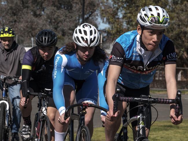 Kim Nguyen, Alan Giang and David Koroknai at the Maurice Kirby velodrome in Noble Park. Picture: Luis Enrique Ascui