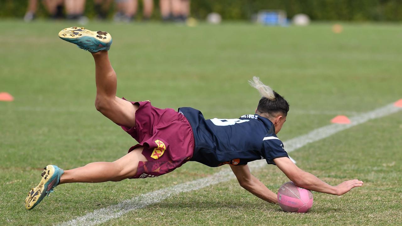 RUGBY LEAGUE: Justin Hodges and Chris Flannery 9s Gala Day. Caloundra State High V Meridan State College. year 10. Caloundra's Toby Irvine goes over for a try. Picture: Patrick Woods.