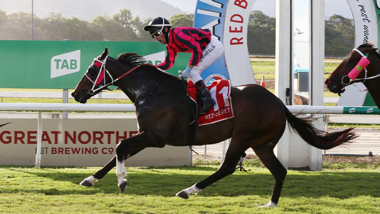 Tutelage, ridden by jockey Chris Whiteley, wins the 2021 Cairns Cup, held at the Cairns Jockey Club, Cannon Park. Picture: Brendan Radke