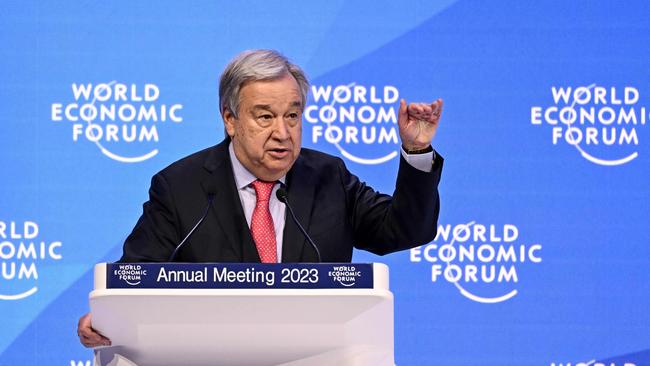 UN Secretary-General Antonio Guterres addresses a session of the World Economic Forum annual meeting in Davos.