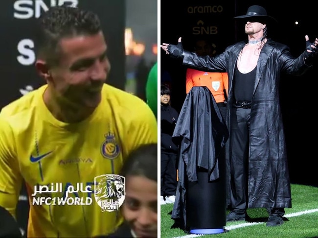 Cristiano Ronaldo witnesses a surprise appearance by WWE legend The Undertaker ahead of a Riyadh Season Cup game between Al Nassr and Al Hilal, adding an unexpected twist to the event. Picture: Supplied