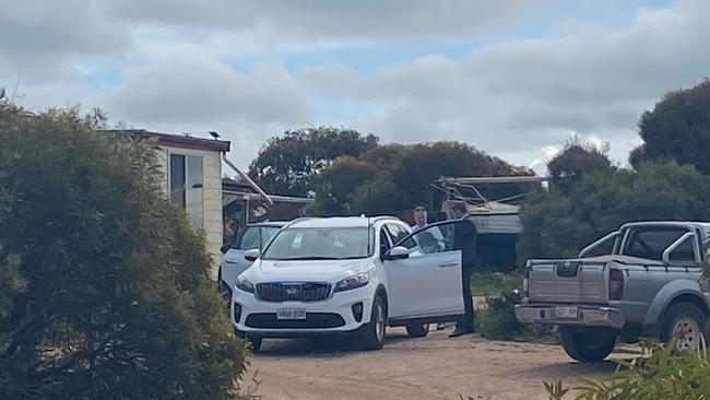 Major crime speaking to neighbouring properties at Port Neill, South Australia, after a man was found dead in a caravan on a property. Picture: Todd Lewis