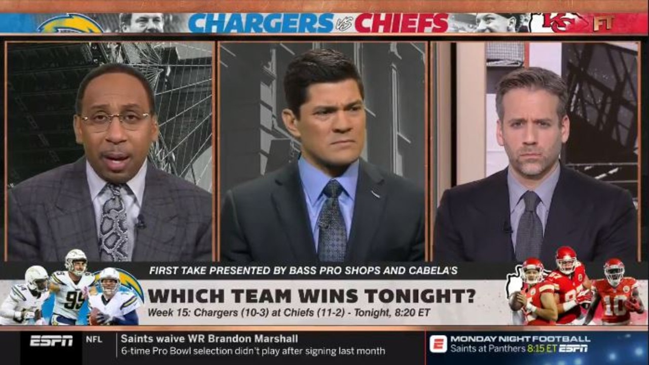 Tedy Bruschi and Max Kellerman react to Stephen A. Smith's bizarre preview of the LA Chargers v Kansas City Chiefs, in which he said he was excited about two injured players and a third who was cut in February.