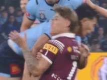 NSW's Joseph-Aukuso Suaalii was sent off for this high hit on Queensland's Reece Walsh. Picture: Fox Sports