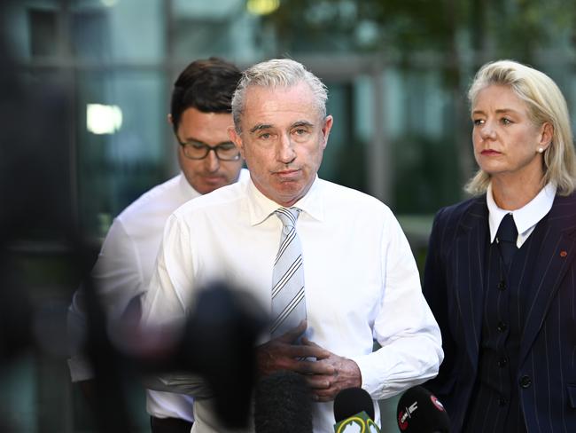 CANBERRA, AUSTRALIA  - NewsWire Photos - MAY 12, 2025: Leader of The Nationals, David Littleproud, Kevin Hogan and Bridget McKenzie hold a press conference at Parliament House in Canberra. Picture: NewsWire / Martin Ollman