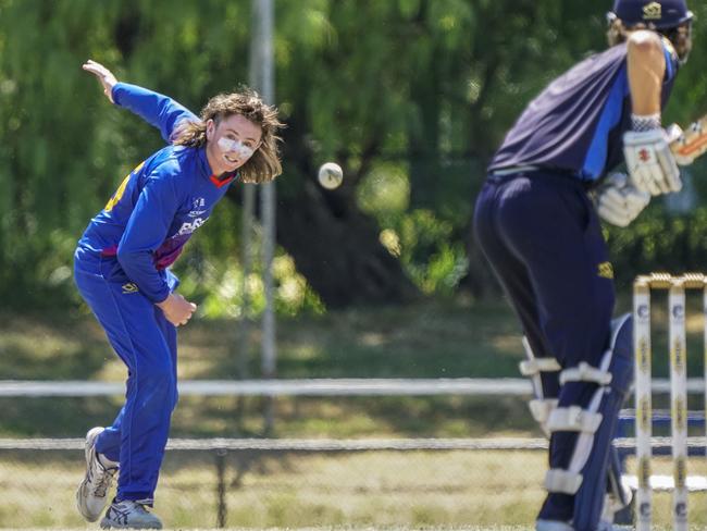 Dowling Shield cricket: Prahran v Frankston Peninsula. Sam Gove bowling for Frankston Peninsula.  Picture: Valeriu Campan