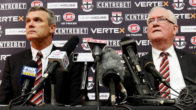 St Kilda CEO Michael Nettlefold and president Greg Westaway after Lyon’s shock resignation.