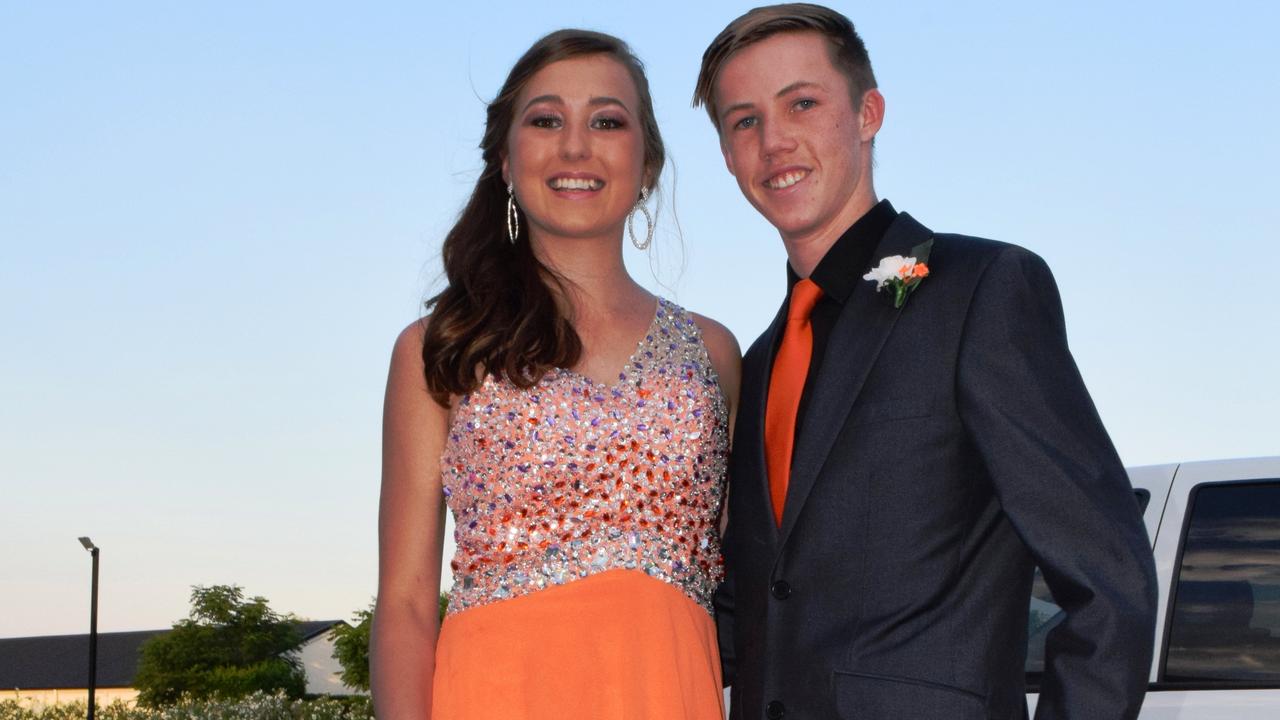 Kaylah Pearce and Jack Laverty go with matching colours at the Roma State College formal. Photo Tom Gillespie / The Western Star