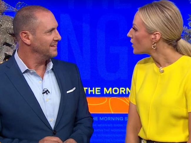 Larry Emdur calls out co-host after on-air slip. Picture: The Morning Show/Channel 7