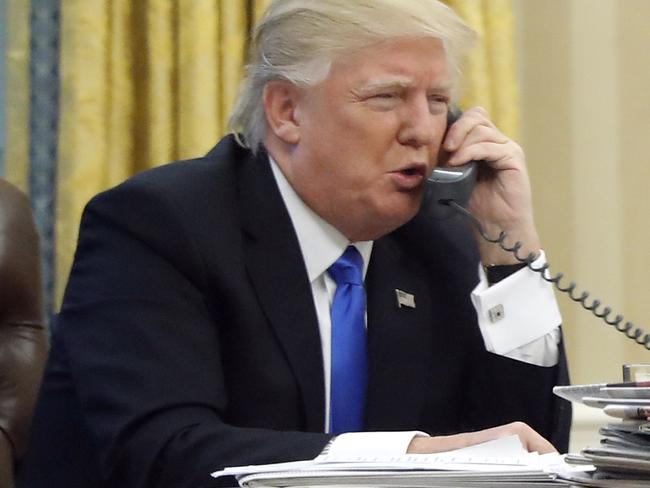 Donald Trump’s first, snappy conversation with Malcolm Turnbull from the Oval Office. Picture: Alex Brandon/AP