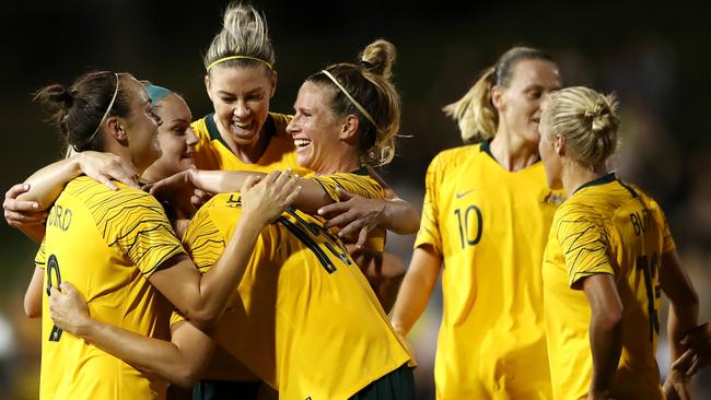 Matildas players celebrate another goal. Picture: Getty Images 