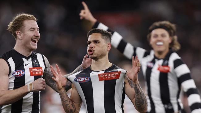 Bobby Hill celebrates a goal on Friday night against the Cats. Picture: Darrian Traynor/Getty Images