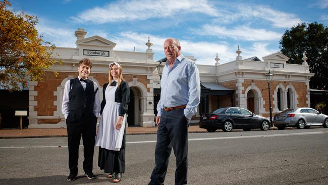 Edinburgh Hotel staff members Declan Gramazio and Alexandra Barratt with owner Chris Codling celebrating the historic hotel turning 150 last year. Picture: Matt Turner