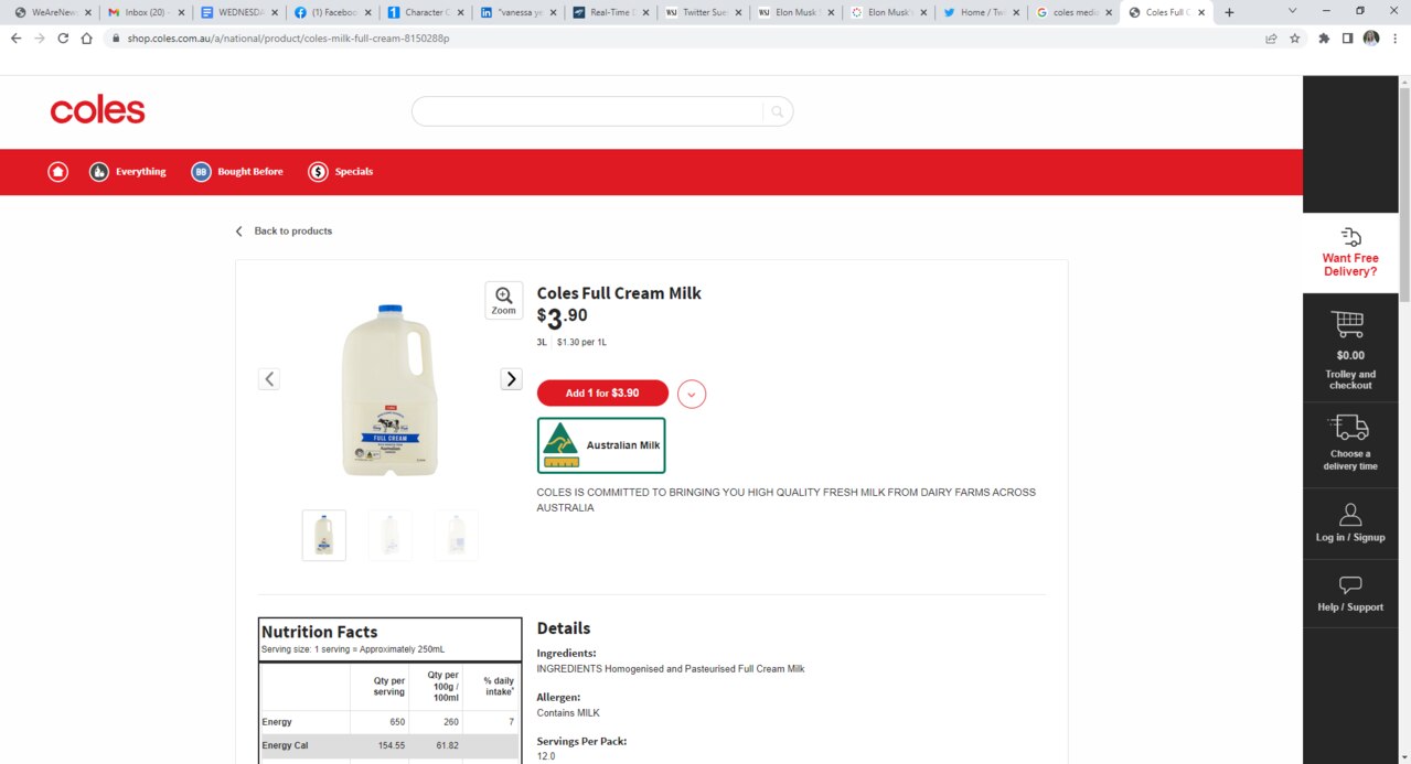 周三下午，Coles 品牌牛奶在网上的价格。