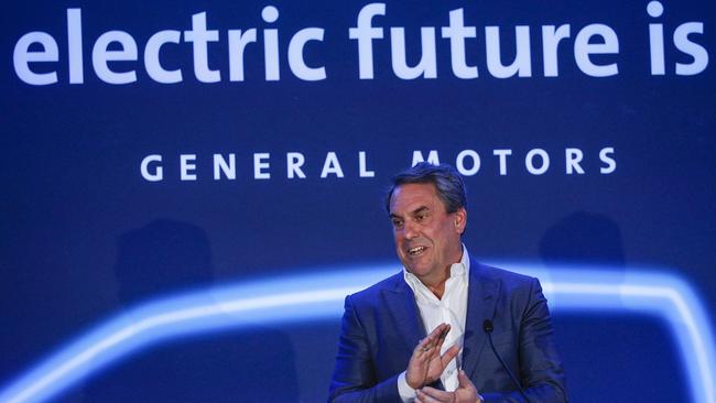 General Motors president Mark Reuss announces its Detroit-Hamtramck Assembly plant will build the all-electric Cruise Origin self-driving shuttle. Picture: AFP