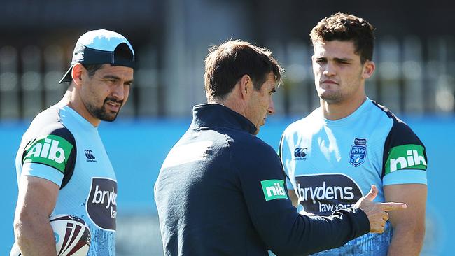 Andrew Johns with the halves Cody Walker (L) and Nathan Cleary (R) at training. Picture: Phil Hillyard