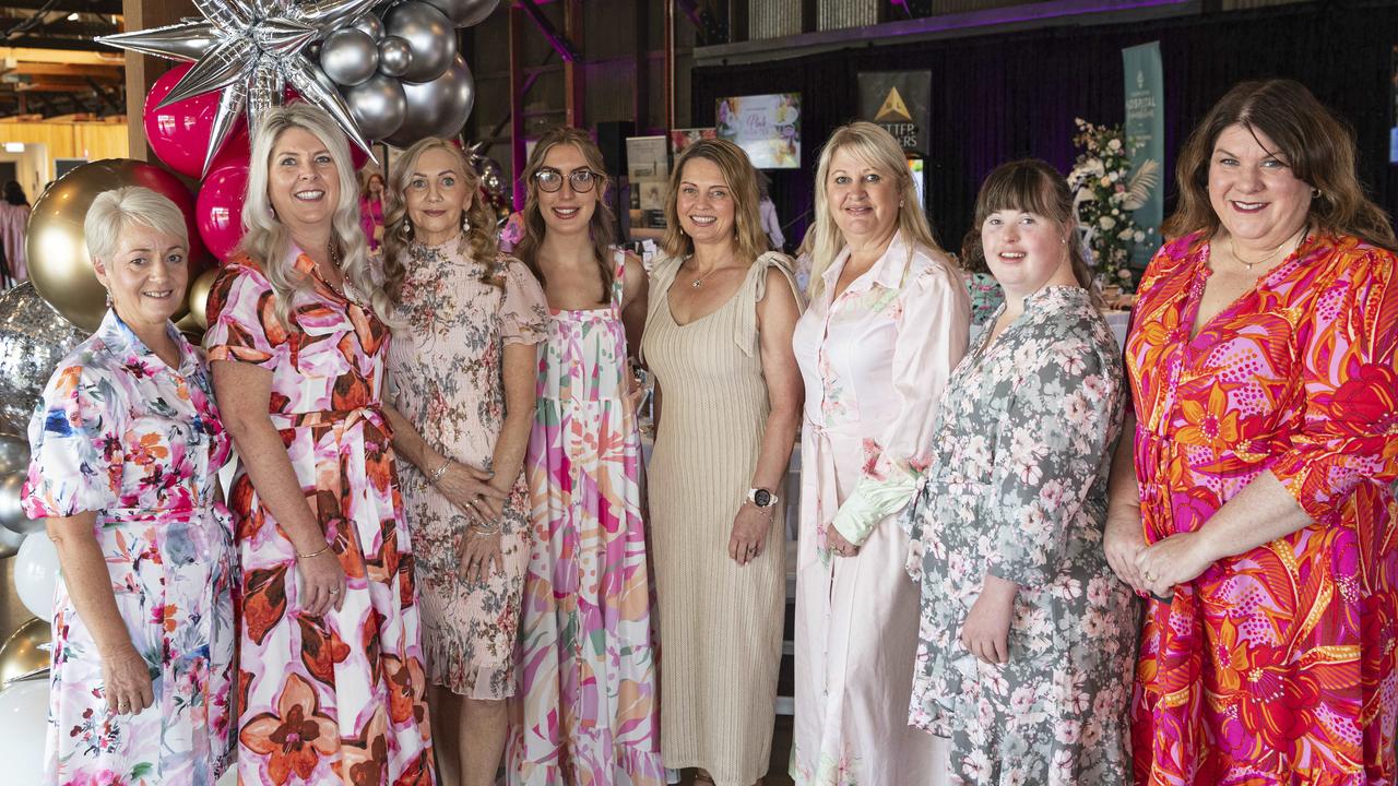 At the Pink High Tea are (from left) Michelle Spence, Fiona Clegg, Tabitha McDonnell, Georgia Clegg, Suzanne Krause, Louise Cartwirght, Bella Clegg and Robyn Dunn raising funds for Toowoomba Hospital Foundation at The Goods Shed, Saturday, October 12, 2024. Picture: Kevin Farmer