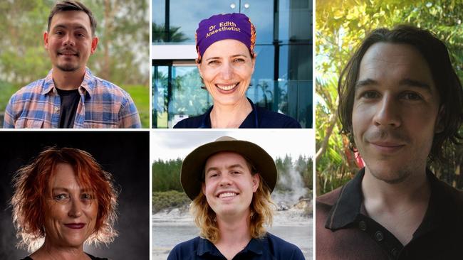 Five Territorians have been awarded the 2024 Churchill Fellowship (from top left clockwise): Beau Cubillo; Edith Waugh; Jack Dowden; Luke Steller; and Nikki Jeffries.